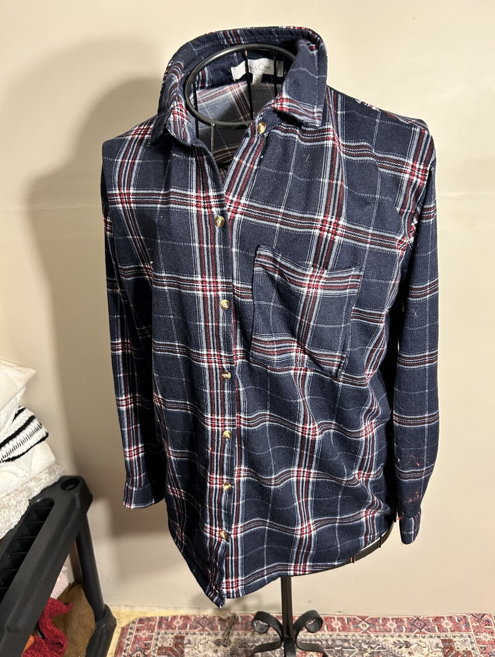 size small womens plaid shirt blue top button   blouse